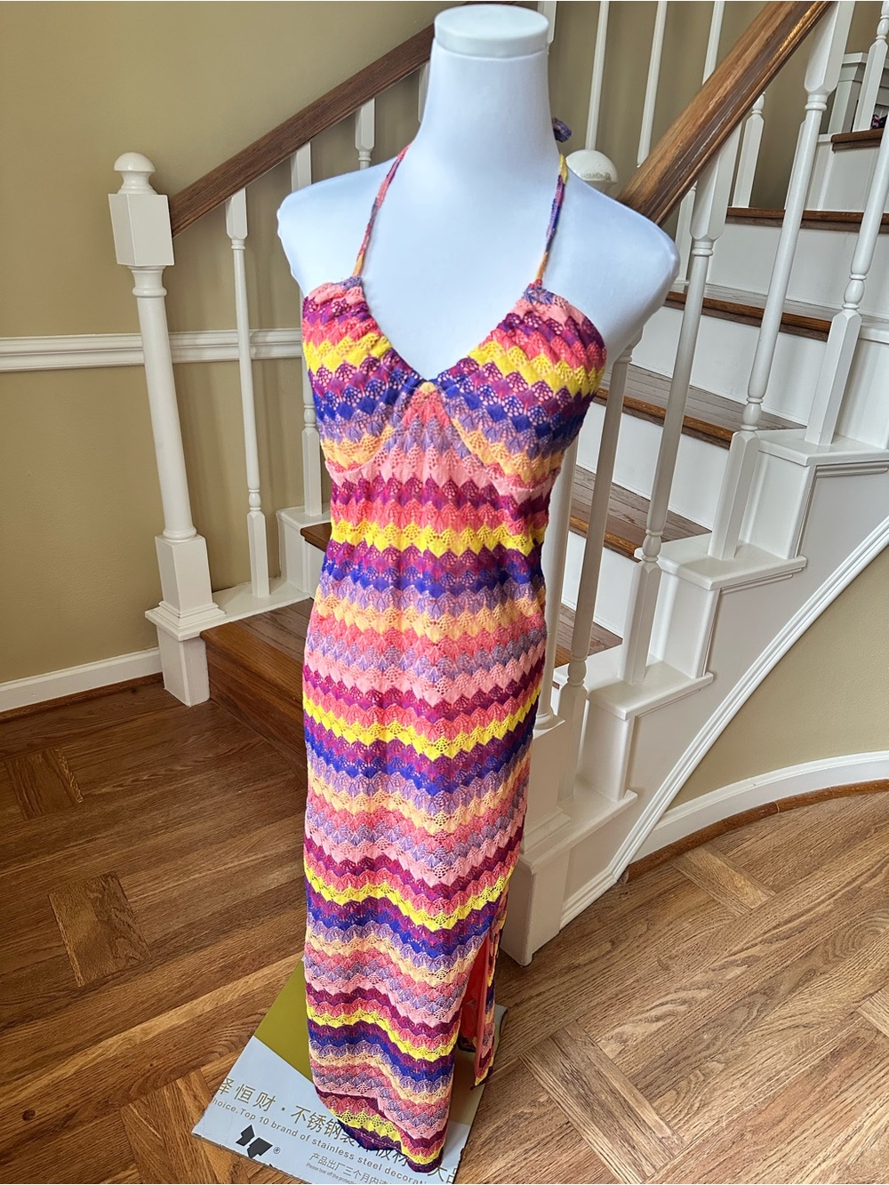 Wild Fable Slipdress Popsicle Stripe Crocheted Knit Halter Maxi Dress Size XS